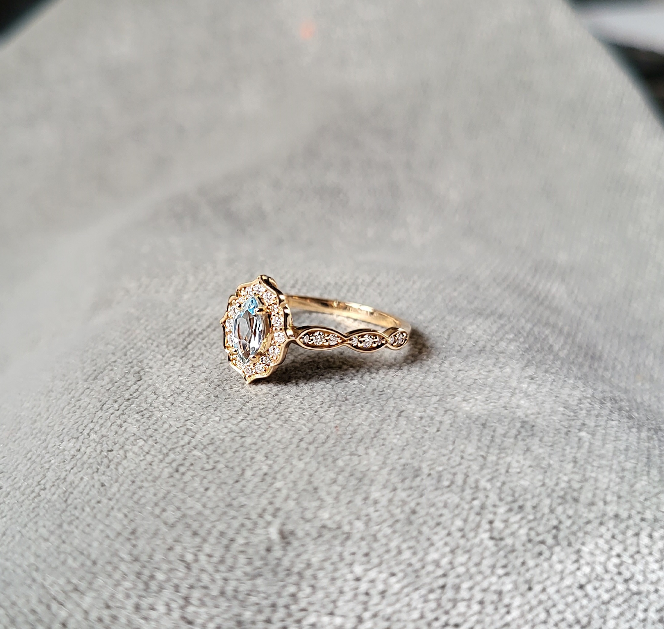 Vintage Markiz Blu Topaz Pırlantalı 14k Altın Yüzük